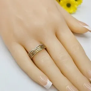 Authentic 14K Gold Plated Clear Crystals Greek Key Ancient Meander Band Ring. Oro Laminado