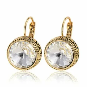 Authentic Great Yellow Gold Plated 15mm Clear Round Crystal Leverback Dangle Earrings