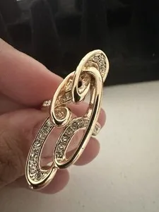 Authentic Yellow Gold Plated Statement Cocktail Ring Clear Rhinestone Adjustable Size 7.5