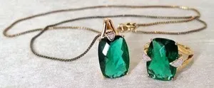 Authentic UTC Sterling Silver 925 Gold Plated Emerald/Clear CZ Necklace & Ring Set 18"/Sz7
