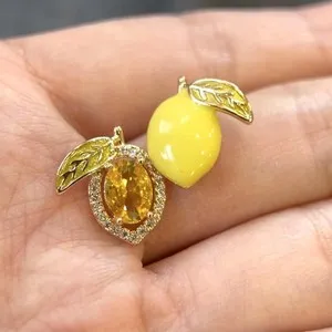 Authentic Gold Plated Lemon Stud Earrings Yellow Fruit Earrings CZ Crystal Dainty Jewelry