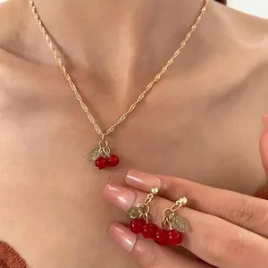 Authentic Cherry Summer Fruit Pendant Necklace and Earrings Set 14K Gold Plated Jewelry