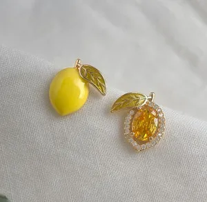 Authentic Gold Plated Lemon Stud Earrings Yellow Fruit Earrings CZ Crystal Dainty Jewelry