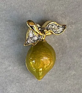 Authentic NOS Cabouchon Lime Fruit Pin Green Enamel Crystals 18K Gold Plated Lapel Brooch