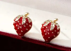Authentic Gold Plated Crystal Strawberry Fruit Shaped Stud Earrings Cute