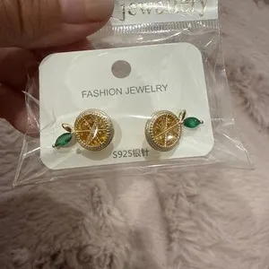 Authentic Lemon Fruit 18K Gold Plated Shiny Yellow Rhinestone Earrings Post Lemonade