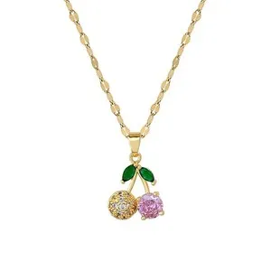 Authentic Red Crystal Cherry Necklace Cute Fruit Cherry Charm Necklace 14K Gold Plated ...