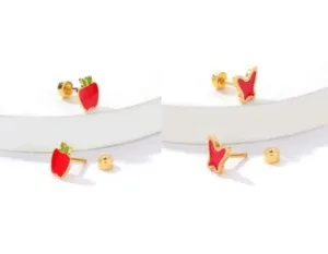 Authentic Set of 2 18K Gold Plated Fruit & Butterfly Decor Stud Earrings