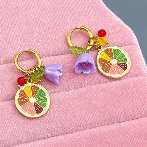 Authentic 18K Gold Plated Fruit Flower Dangle Hoop Earrings Cute
