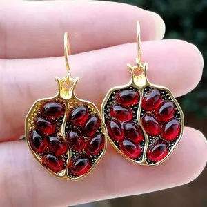 Authentic Vintage Red Garnet Fruit Drop Earrings for Women Gold Plated Resin Jewelry