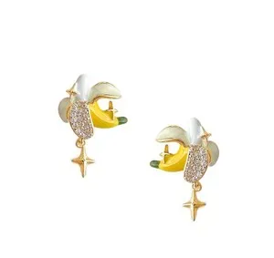 Authentic 14ct Gold Plated Banana Stud Earrings Cute Fruit Kawaii Enamel Fun for Her