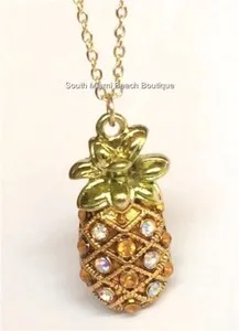 Authentic Crystal Pineapple Necklace Gold Plated 19" Hawaiian Hawaii Island Beach Fruit