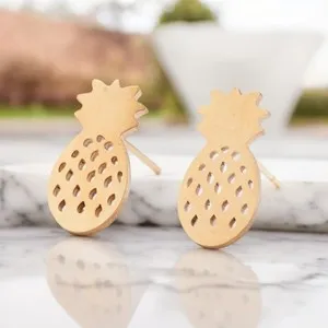 Authentic 18K yellow gold plated fruit pineapple stud earrings jewelry B5A
