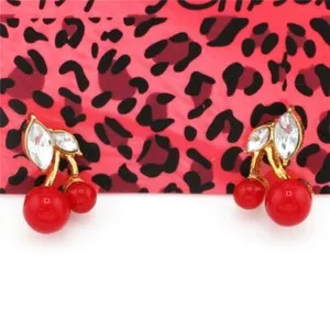 Authentic Women Red Resin Crystal Fruit Gold Plated Stand Lady Jewelry Earring