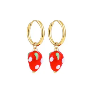 Authentic ! Gold plated glass strawberry hoop earrings cute boho fruit