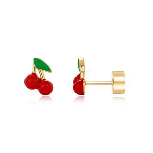 Authentic Red Cherry Flat Back Stud Earrings for Gold Plated Enamel Fruit Earrings Silv...