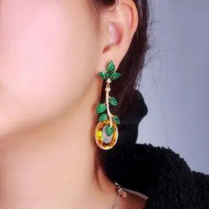 Authentic Women Big Oval Fruit Drop Long Leaf Dangle Earrings Gold Plated Zirconia Jewelry