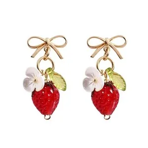 Authentic Strawberry Earrings Fruit Food Red Beaded Bow Stud Earrings Cute 14K Gold Plated