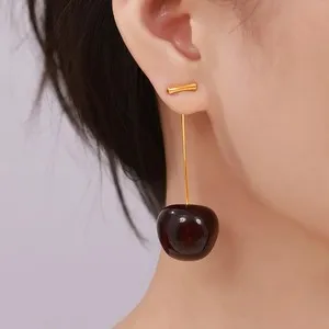 Authentic Gold Plated Cherry Dangle Earrings Resin Fruit Charm Jewelry