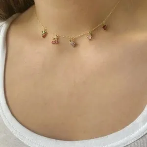 Authentic Cute Cherry Fruit Rhinestone Crystal Gold Plated Choker Necklace -AUSTOCK