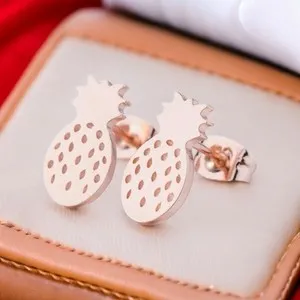 Authentic 18K rose gold plated fruit pineapple stud earrings jewelry B5A