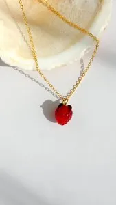 Authentic 💛 Minimalist 14k Gold Plated Strawberry Cute Fruit Glass Charm Necklace💛