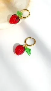 Authentic 💛 Minimalist 18k Gold Plated Strawberry Fruit Glass Charm Handmade Earrings