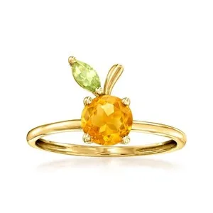 Authentic 3Ct Round Cut Lab Created Citrine Fruit Leaf Wedding Ring 14K Yellow Gold Plated