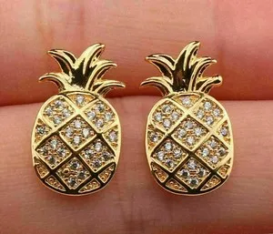 Authentic 2.0Ct Real Moissanite Pineapple Fruit Stud Earrings 14K Yellow Gold Plated