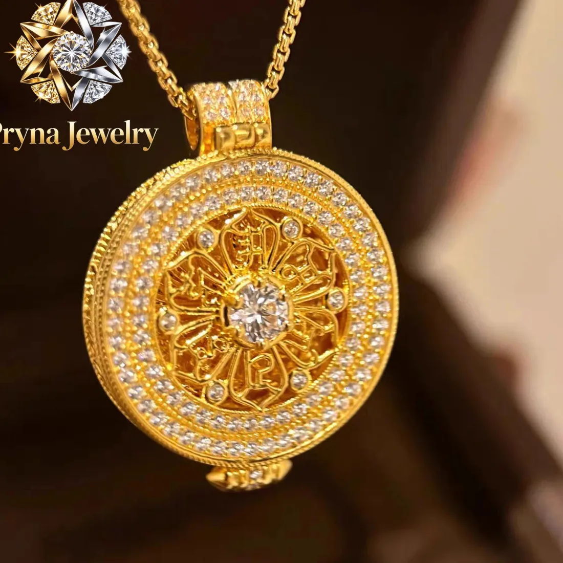 Authentic Pryna Jewelry Men and Women 24K Gold AU999 Gawu Box with Six-Syllable Mantra Pendant | Magnetic detachable lid with scripture e