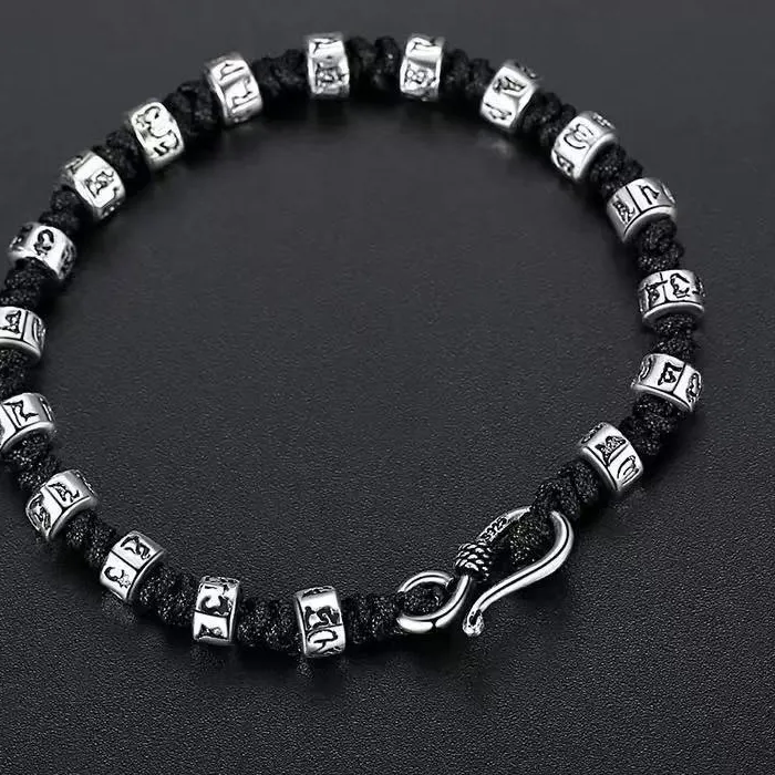 Authentic Blessing Six Character Great Ming Mantra Beads Bracelet Men Jewelry 18 20 22CM Woven Black Rope Bracelet Women Hand Accessories