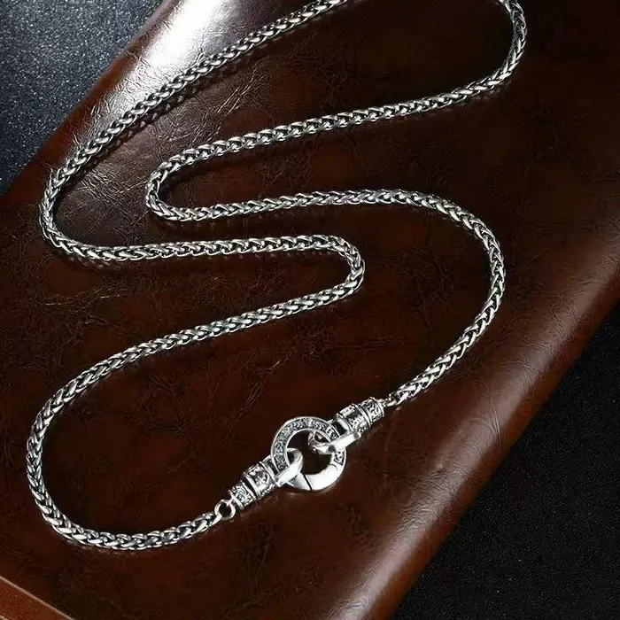 Authentic 925 Sterling Silver Link Chain Necklaces For Men Universal Buckle Six Character Mantra Lucky Necklace With Grass Pattern