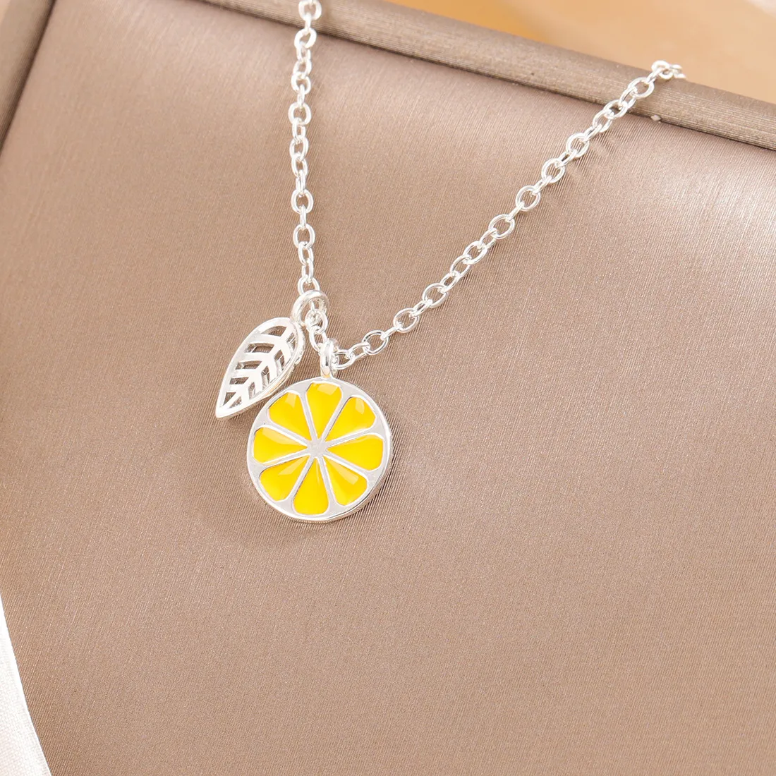 Authentic 925 Sterling Silver Personality Lemon Fruit Leaves Pendant Necklaces XL073
