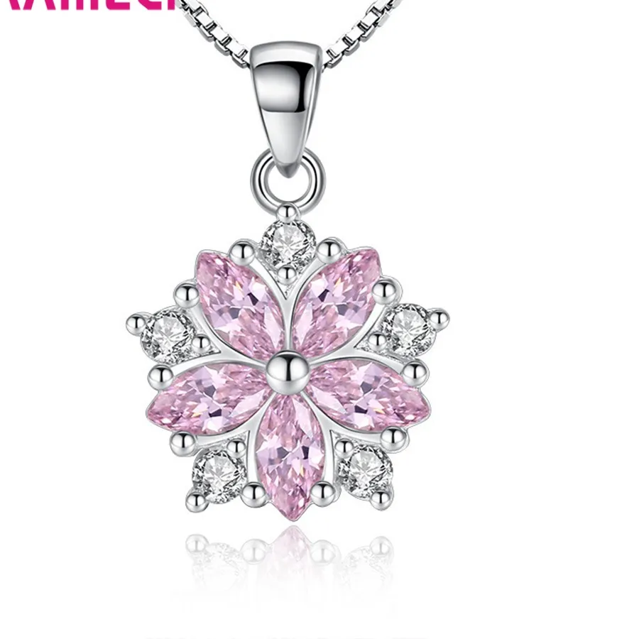 Authentic 925 Sterling Silver Pendant Necklaces Delicate Pink Cherry Blossom Crystal Zircon Necklace for Women Girls Party Jewelry