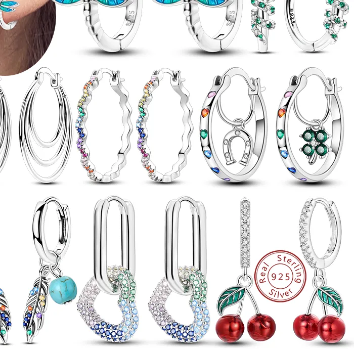 Authentic 925 Sterling Silver Hoop Earrings Dragonfly Heart Cherry Butterfly Earring Girls Jewelry