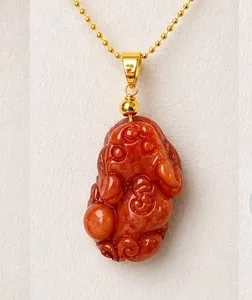 Authentic Jade Reddish Lucky Pixiu Necklace With 14k Gold Plated Chain