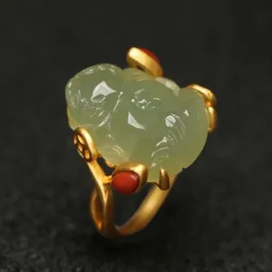 Authentic Natural Jade Pixiu Rings Stone Luxury 18K Gold Plated Vintage