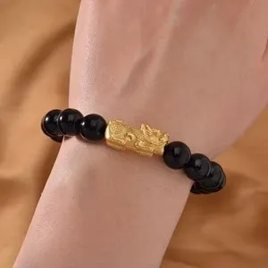 Authentic WOW Black Tourmaline (120 carats) Beaded Pixiu Bracelet (Gold-Plated 925 Silver)
