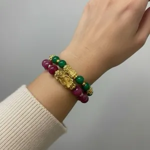 Authentic Green Purple Beaded Pixiu Bracelet Wealth Lucky Charm Gold Plated