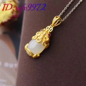 Authentic Natural Jade Pixiu Pendant Necklace 18K Gold Plated Real Jewelry