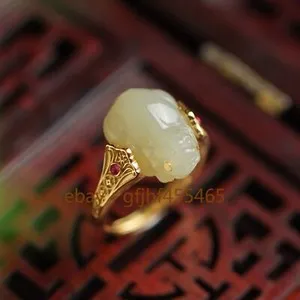 Authentic Certified natural Hetian jade Pixiu gold coin ring S925 silver gold plated