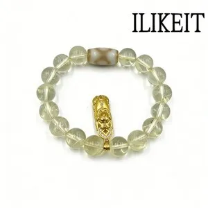 Authentic Gold Plated Citrine Beaded Bracelet Pixiu Dzi Bead 925 Silver Accent Women
