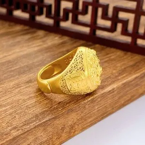 Authentic Vintage Gold Plated Hollow Pixiu Ring Men Adjustable Carved Band