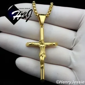 Authentic 16-36"MEN 2/3/4mm Gold Plated Box Chain JESUS Cross Pendant*G116