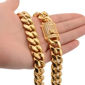 Authentic Miami Cuban Link Chain Rhinestone Clasp 14K Gold Plated 8mm-18mm