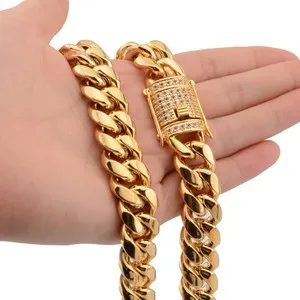 Authentic Miami Cuban Link Chain Rhinestone Clasp Gold Plated 8mm-18mm