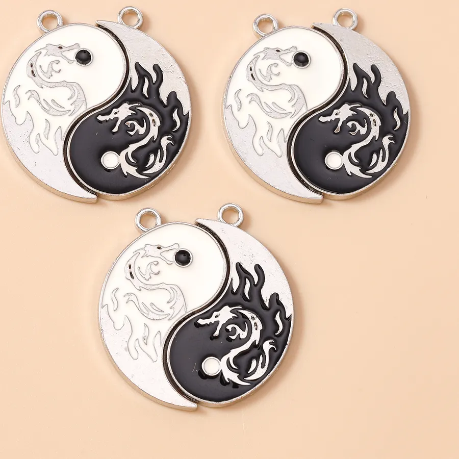 Authentic Leslie 10pcs 19*34mm Enamel Dragon Tai Chi Charms Pendants for Necklaces Earrings DIY Yin Yang Charms Handmade Jewelry Findings