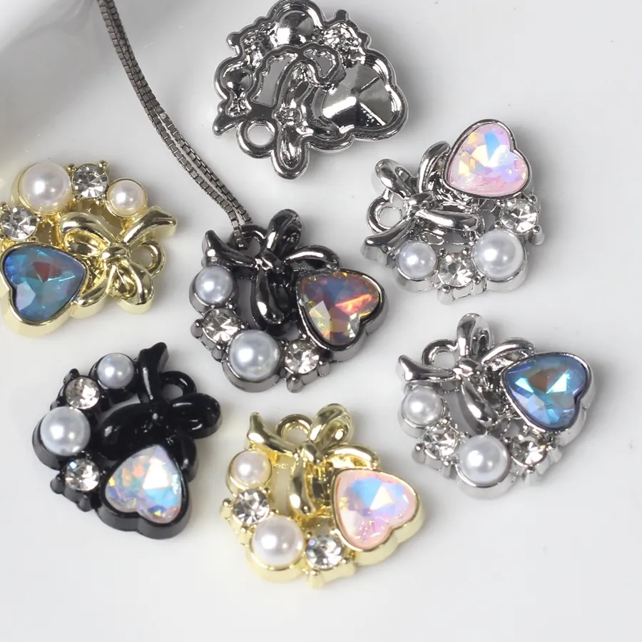 Authentic 6pcs/lot 14MM Zinc Pearl Rhinestone Inlaid with Rose Heart Pendant Charms DIY Necklace Bracelet Earrings Accessorie