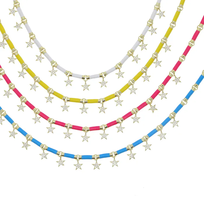 Authentic 2022 Neon Enamel Bar CZ Paved Star Charm 32+10CM Gold Color Colorful Women Choker Necklace