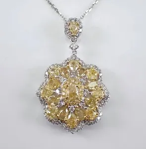 Authentic 3Ct Oval Cut Lab Created Citrine Cluster Flower Pendant 14K White Gold Plated